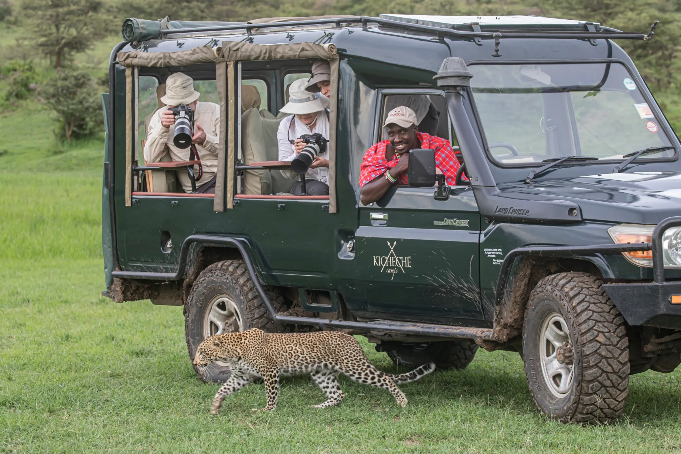 Safari guests photographing a leopard on a game drive